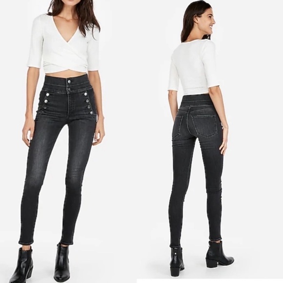 Express Super High Waisted Faded Black Legging Skinny Jeans - Picture 1 of 7